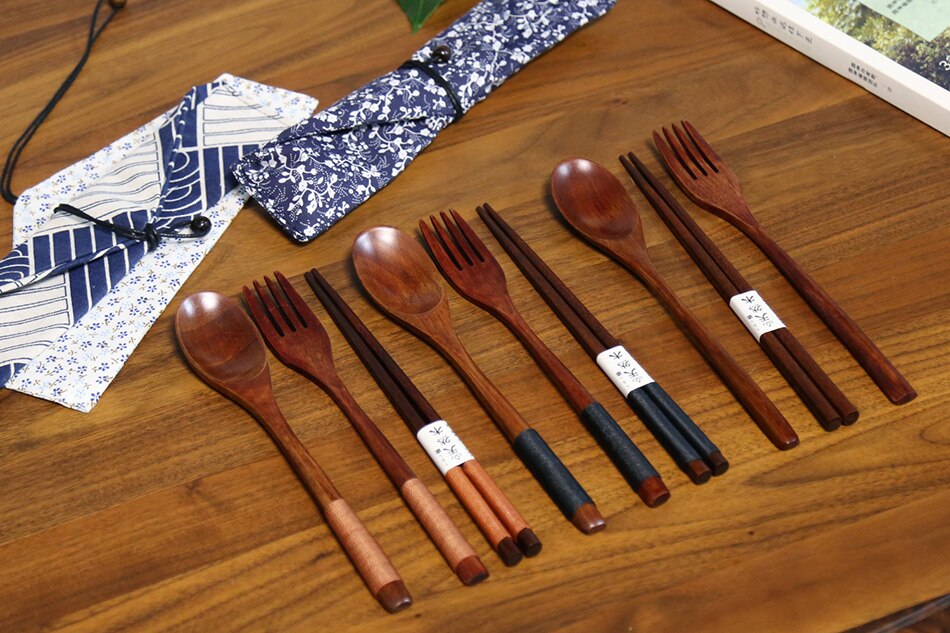 Baispo Portable Tableware Wooden Cutlery Sets with Useful Spoon Fork Chopsticks Travel Gift Dinnerware Suit with Cloth bag Baispo Portable Tableware Wooden Cutlery Sets with Useful Spoon Fork Chopsticks Travel Gift Dinnerware Suit with Cloth bag