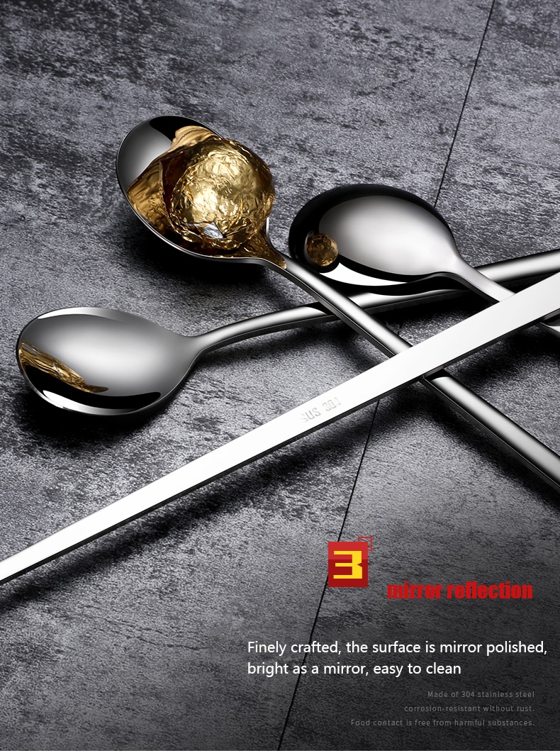 304 Stainless steel dinnerware set spoon tea spoon Dessert coffee ice cream spoons Kitchen accessories Bar tools new long handle 304 Stainless steel dinnerware set spoon tea spoon Dessert coffee ice cream spoons Kitchen accessories Bar tools new long handle