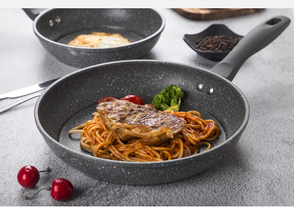 100% PFOA Free Stone-Derived NonStick Frying Pan Coating 5 Layers Bottom Soft Handle Aluminum Dishwasher Safe Cooking Pan Set 100% PFOA Free Stone-Derived NonStick Frying Pan Coating 5 Layers Bottom Soft Handle Aluminum Dishwasher Safe Cooking Pan Set