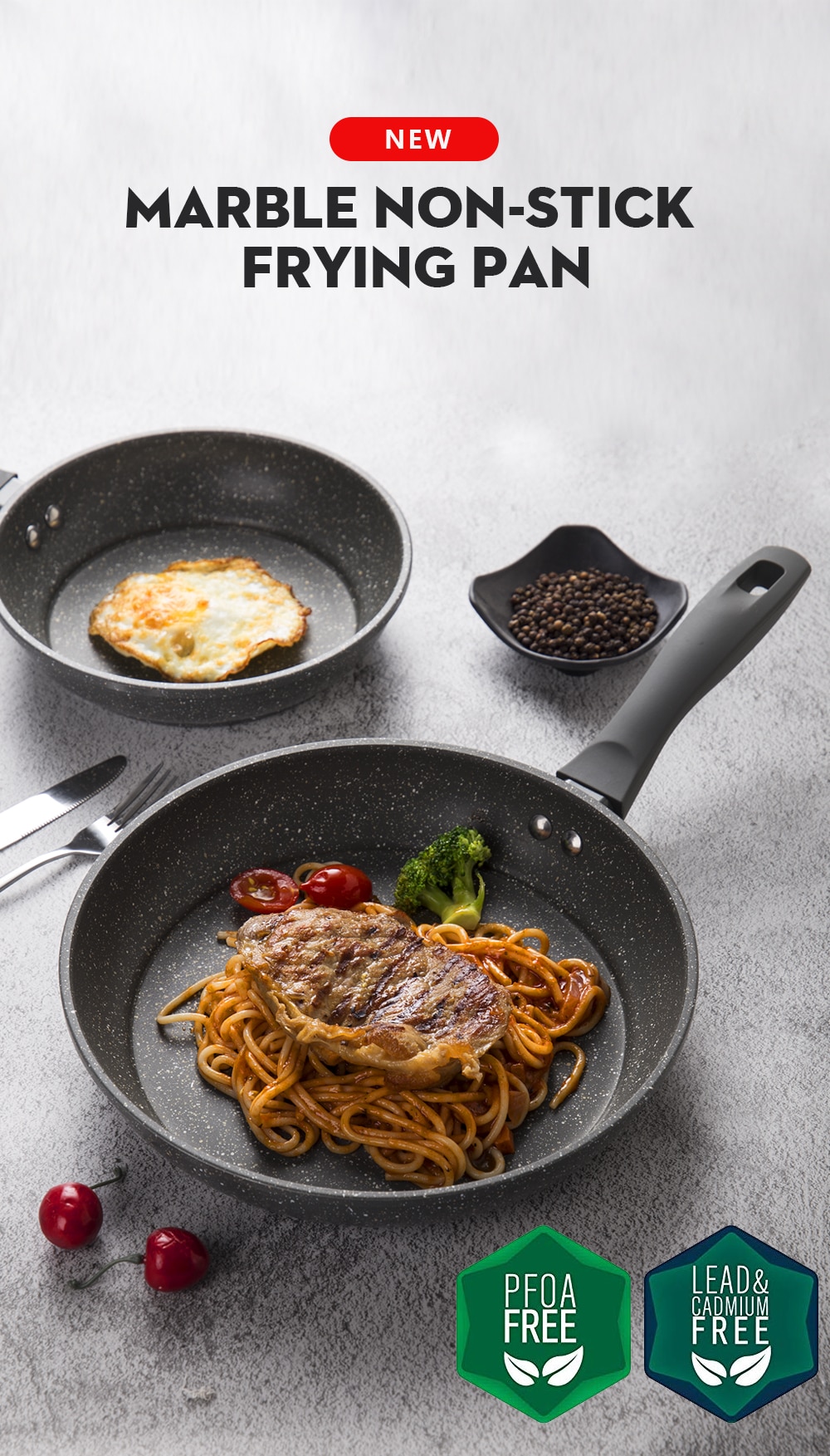 100% PFOA Free Stone-Derived NonStick Frying Pan Coating 5 Layers Bottom Soft Handle Aluminum Dishwasher Safe Cooking Pan Set 100% PFOA Free Stone-Derived NonStick Frying Pan Coating 5 Layers Bottom Soft Handle Aluminum Dishwasher Safe Cooking Pan Set