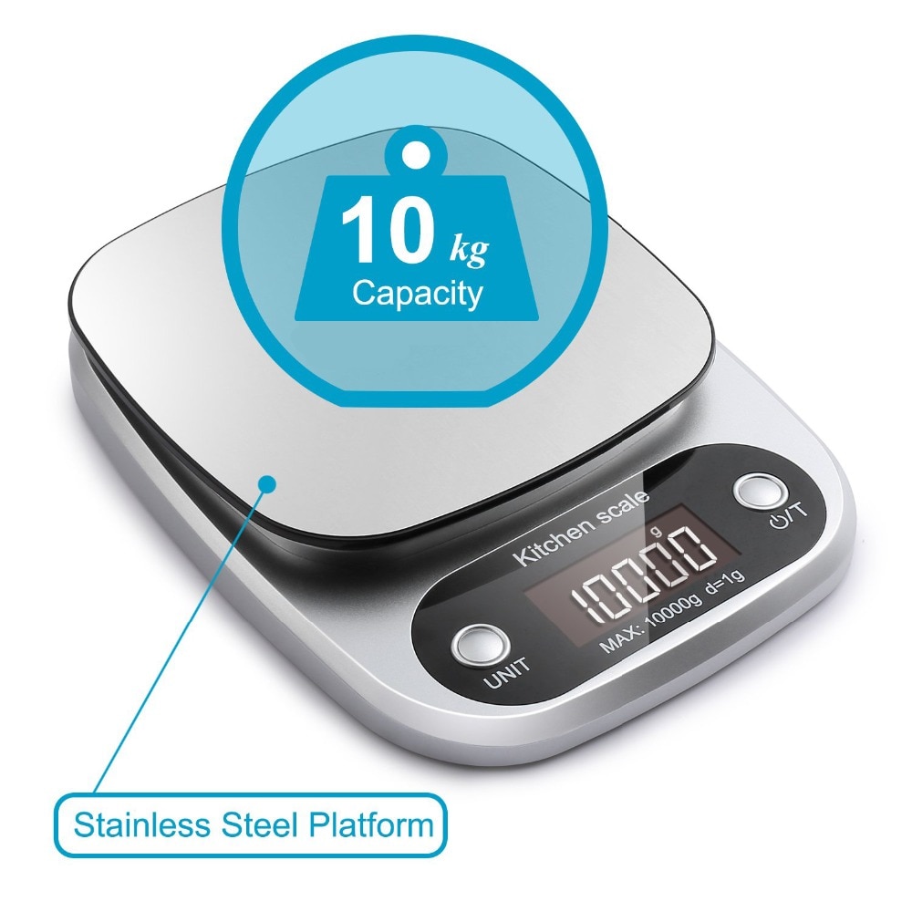 Digital Kitchen Scale 10kg Food Scale Multifunction Weight Scale Electronic Baking & Cooking Scale with LCD Display Silver Digital Kitchen Scale 10kg Food Scale Multifunction Weight Scale Electronic Baking & Cooking Scale with LCD Display Silver